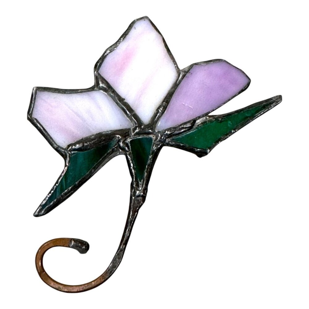 Stained Glass Flower Brooch Vintage Handmade Lily Tulip Pink Artisan Boho READ